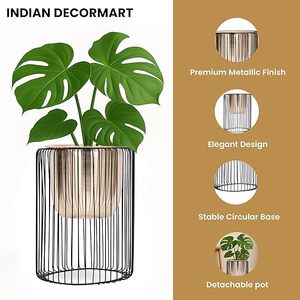 Modern Metal <b>Flower</b> Pots With Black <b>Wire</b> Cage Design For Indoor Plants Minimalist Style Gold Finish Planter Set - Product Image 4