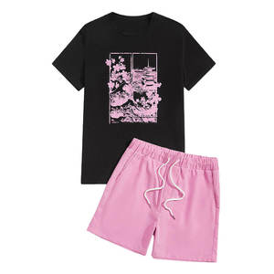 Ensemble de t-shirts noirs pour hommes avec imprimé fleurs de cerisier roses, col rond, vêtements décontractés d'été, tissu tricoté respirant, shorts inclus - Product Image 1