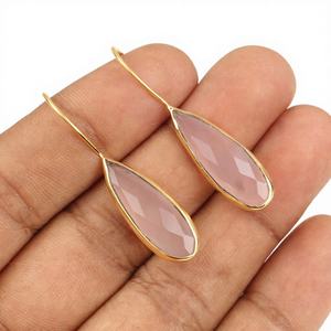 Pendiente de Calcedonia Rosa Natural más vendido Plata de Ley 925 Chapado en oro de 18 quilates Eternity Vermeil 8x24mm Pera Pendiente colgante fino - Product Image 1