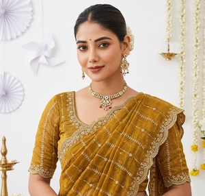 Sari de Seda Color Mostaza para Mujer, Marca AARA, con Borde Bordado, Estilo Tradicional para Bodas, Largo hasta el Suelo, Corte Regular, India, Pakistán - Product Image 2
