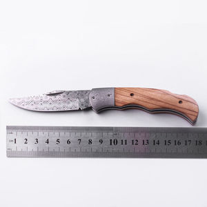 Cuchillo de bolsillo de acero damasco de 110 capas, herramienta plegable para camping y actividades al aire libre con mango de madera, cuero, DIY, OEM, personalizable - Product Image 5