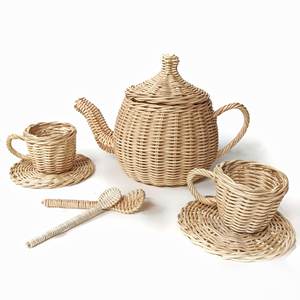 Jouets de cuisine, tasses et théières, ensembles cadeaux pour enfants, théière en bois de rotin avec ensemble de tasses - Product Image 1