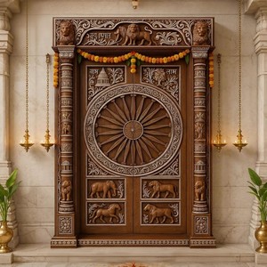 Porte de Mandir en teck sculptée à la main avec des sculptures de Ganesha et Lakshmi, style antique, porte d'entrée de temple du sud de l'Inde avec travail Nakshi - Product Image 6