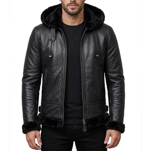 Chaqueta de cuero con capucha para hombre, estilo urbano, color liso, cortavientos, transpirable, con cierre de cremallera, para invierno, gruesa, corte ajustado, frontal regular - Product Image 1