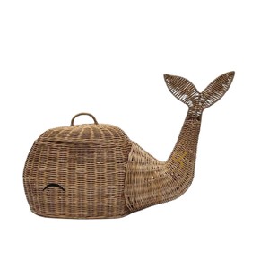 Cute Whale Woven Rattan Storage <b>Basket</b> <b>with</b> <b>Lid</b> Laundry Organizer Bin Boho Ocean Theme Nursery Room Decor - Product Image 1