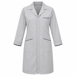 <b>Doctor</b> <b>Coat</b> Pale Grey Navy Piped Revere Collar Custom Wholesale Unisex Medical Lab Uniform Healthcare Workwear Concealed Zipper - Product Image 1