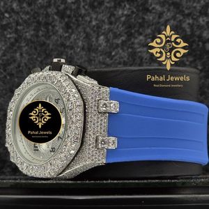 นาฬิกาควอตซ์หรูสำหรับผู้ชาย Pahal Jewels ขอบเพชร ประดับมอสซาไนต์สีน้ำเงิน สายสแตนเลส ตัวเลขแบบอารบิก แสดงผลแบบอนาล็อก กันน้ำ - Product Image 4