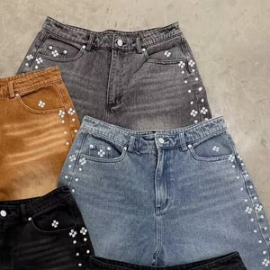 Shorts Bermuda en jean délavé pour homme avec motif à pois pailletés, taille mi-haute, fermeture boutonnée, style décontracté - Product Image 3