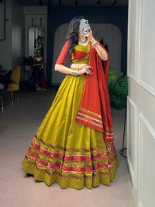 Ensemble de Lehenga traditionnel indien pour femmes, jaune et rouge, en coton Mal, longueur normale, coupe ample, séchage rapide, tenue ethnique pour fêtes - Product Image 6
