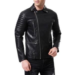 <b>Men's</b> <b>Black</b> Genuine Leather Moto Jacket Stand Collar Zipper Closure Slim Fit Regular Length Autumn Style - Product Image 1