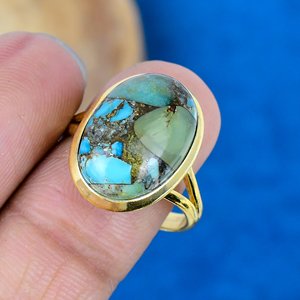 Handmade Boulder <b>Turquoise</b> Oval Shape Gemstone <b>Ring</b> 18k Gold Micron Over 925 Sterling Silver <b>Ring</b> - Product Image 3