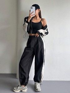 Conjunto Deportivo Casual de Dos Piezas para Mujer, Chaqueta de Manga Larga y Pantalones Anchos con Bloques de Color, Antiestático, Spandex/Poliéster - Product Image 3