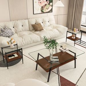 Set Moderno di 3 Tavolini da Caffè in Vetro Temperato con Strato in MDF, Tavolini Trasparenti per Soggiorno - Product Image 1