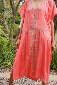 Coral Embroidered Organza Floral Print Breathable V-neck <b>Kaftan</b> Dress Boho <b>Beach</b> Cover up Loose Fit Resort Wear Summer Maxi - Product Image 5