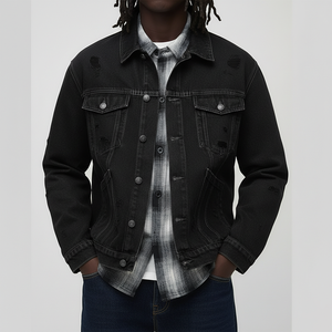 Service OEM Usine sur mesure Veste en jean vintage déchirée et délavée à 4 poches avec boutons pour homme - Product Image 1