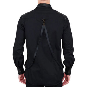 Black Gothic Long Sleeve <b>Shirt</b> Faux Leather <b>Patchwork</b> Button Down Punk Studded <b>Shirt</b> with D-Ring Hardware & Pockets - Product Image 2