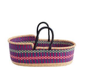 Bright boho pink and blue seagrass changing <b>basket</b> combined with rattan changing kid <b>basket</b> and black handles for <b>nurseries</b> - Product Image 1