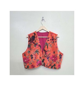 Floral & Bird Print Orange Velvet Sleeveless Vest – Luxury Designer Nature Inspired Outerwear - Product Image 1