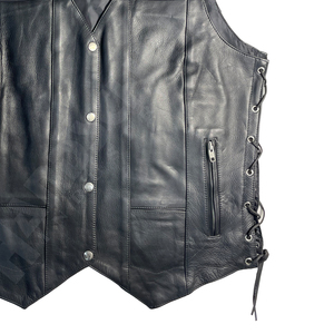 Chaleco de Motocicleta de Cuero Negro para Hombre HSI, Sin Mangas, Cuello en V, con Cordones Laterales y Bolsillos con Cremallera, para Todas las Temporadas - Product Image 3