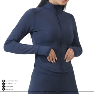Women's Solid Blue Full Zip Yoga Jacket Stand Neck Long Sleeve Breathable Spandex Polyester Sportswear Regular Fit - Product Image 3