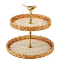Plateau de service en rotin à deux niveaux avec motif floral et oiseau doré, support décoratif pour collations, fruits, gâteaux, décoration de table basse