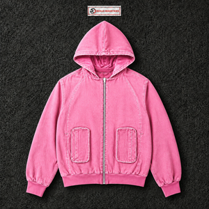 Sudadera con capucha rosa lavada de gran tamaño con cremallera completa, estilo vintage streetwear, corte holgado, con bolsillos delanteros dobles con parche. - Product Image 5