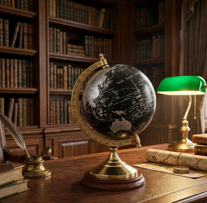 Globo Terráqueo Negro Mate Premium – Mapa Geográfico de Estilo Retro con Meridianos de Latón Resistente y Base de Madera para Sala de Estudio - Product Image 1