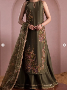 Women's Olive <b>Green</b> <b>Silk</b> Salwar Kameez Traditional Indian Pakistani Wedding Wear Floor-Length Embroidered Design Regular Fit - Product Image 1