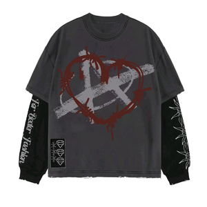 Top Selling Retro ACID Wash T-shirt Double Layer Long Sleeve With Drop Shoulder <b>Tshirt</b> Plus Size Men's Shirt - Product Image 1