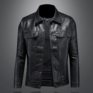 Chaqueta de Cuero PU Marrón para Hombre, Cuello Camisero, Cierre de Botones, Corte Entallado, Estilo Casual Otoñal, Color Sólido, Estilo Vintage - Product Image 4