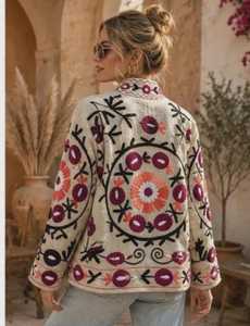 Veste en coton brodée Suzani artisanale, authentique artisanat traditionnel, style bohème pour femmes, manteau floral artisanal, blazer d'hiver - Product Image 2