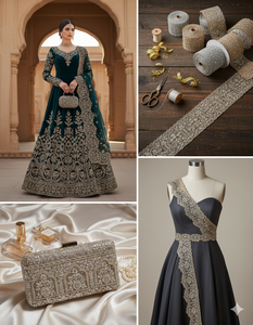 ผ้าส่าหรีพรีเมียมรักษ์โลก ขนาด 2 นิ้ว 2 7/8 นิ้ว ขอบผ้าลายหยัก ประดับลายช้างและดอกไม้สุดหรูหรา สำหรับงานแต่งงาน ออกแบบโดยดีไซเนอร์ชั้นนำ - Product Image 3