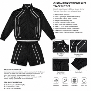 Ensemble survêtement homme coupe-vent léger en nylon avec short et veste réfléchissante noire personnalisée style streetwear - Product Image 2