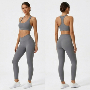 Ensemble 2 pièces de sport pour femme : Haut de yoga dos nageur et Legging taille haute, séchage rapide, couleur unie, soutien-gorge de sport intégré, pantalon de compression en polyester 2 - Product Image 1