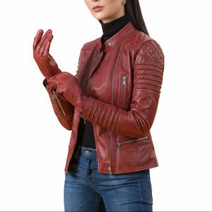 Veste de motard en cuir de mouton bordeaux sur mesure pour femme, fabriquée à la main, manches longues, taille XS, fermeture éclair croisée, édition asymétrique - Product Image 2