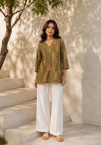<b>Women</b> Cotton <b>Kurta</b> With Leaf Print Loose Fit Short Kurti Length Casual Ethnic Outfit All Seasons - Product Image 6