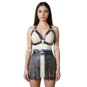 Ensemble de harnais en cuir PVC holographique personnalisé en gros avec jupe à franges |   Fabricant de costumes pour festivals gothiques, punk et rave - Product Image 5