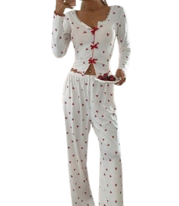 Women's 2 Piece <b>Cherry</b> Print Pajama Set V Neck Knitted Cotton Sleepwear Sweet Style All Seasons Breathable Regular Fit - Product Image 1