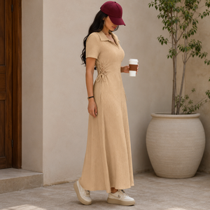 Vestido maxi beige texturizado con cuello camisero y cordones laterales para mujer |   Vestido Largo Casual Elegante de Verano para Oficina con Mangas Cortas y Cintura Ajustada - Product Image 2