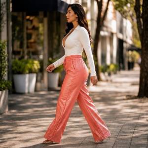 Pantalon en cuir gaufré effet crocodile pour femme, pantalon large bordeaux imprimé croco, pantalon en cuir gaufré taille haute, pantalon pour femme - Product Image 2