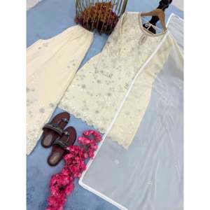 เสื้อ georgette เทียมหนักของผู้หญิง & ชุด plazzo พร้อม Dupatta สำหรับใส่ไปงานปาร์ตี้ - Product Image 2
