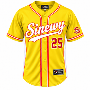 Maillot de baseball Sinewy Sport pour homme, jaune, rouge, blanc, numéro 25, manches courtes, respirant, polyester, coupe régulière, toutes saisons - Product Image 1
