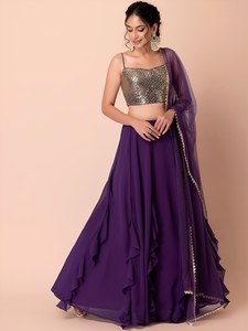 Elegant Purple Cotton Lehenga Set <b>Sequin</b> Crop <b>Top</b> Layered Skirt Net Dupatta Ruffle Wedding Party Women Outfit - Product Image 6