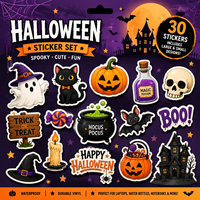 Ensemble d'autocollants d'Halloween personnalisés, autocollants en vinyle imperméables découpés à la forme, logo personnalisé, autocollants mignons fantôme, citrouille, sorcière pour ordinateur portable