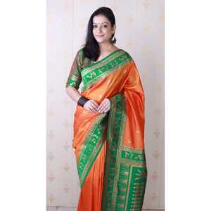 Elite Weaves Orange Soft Silk Zari Woven <b>Warli</b> Art Traditional Saree for Women 600g - Product Image 3