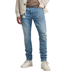 Jeans de Mezclilla con Efecto Desgastado Tridimensional, Corte Recto, Lavado Medio, Elásticos, para Hombre, Invierno, Moda 3D, Venta al Por Mayor, OEM ODM - Product Image 1
