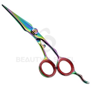 Ciseaux de coiffure professionnels multicolores arc-en-ciel à bord convexe tranchant avec poignée sculptée unique - Product Image 1