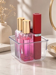 Plateau de rangement cosmétique transparent en PET, organisateur de maquillage carré, support de vanité pour soins de la peau, rouge à lèvres et outils de beauté - Product Image 2