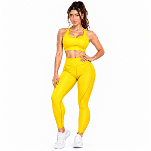 Ensemble de vêtements de sport jaunes pour femmes, soutien-gorge de sport personnalisé et leggings taille haute, tenue de fitness sans couture, vêtements de yoga et d'entraînement - Product Image 1