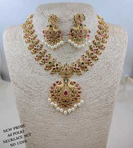 Luxury <b>Ruby</b> Emerald AD Polki <b>Necklace</b> Set with Pear Cut Floral Pendant Gold Finish Wedding Party Jewelry for Women Set - Product Image 1
